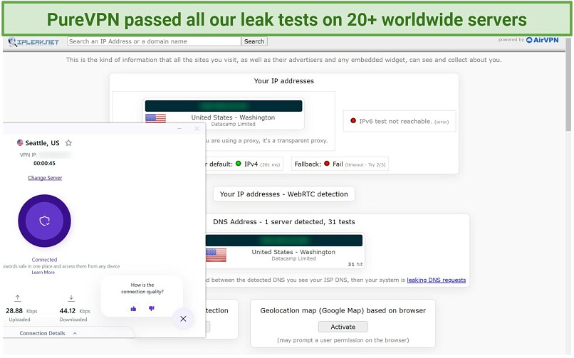 Screenshot of a leak test done on ipleak.net while connected to PureVPN's Seattle server