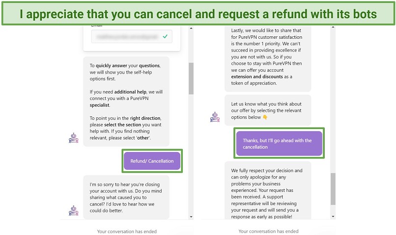 Screenshot of PureVPN live chat showing how I had my cancellation and refund approved with one of its bots
