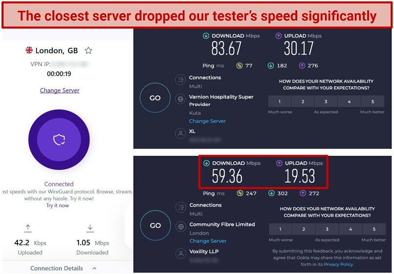 Screenshot of Ookla speed tests done with no VPN connected and while connected to PureVPN's London server