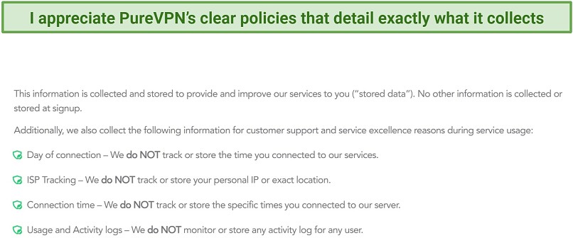 Screenshot of PureVPN's privacy policy highlighting what it does and doesn't collect