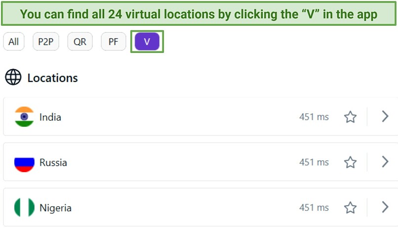 Screenshot of PureVPN's server network highlighting how to find the virtual servers