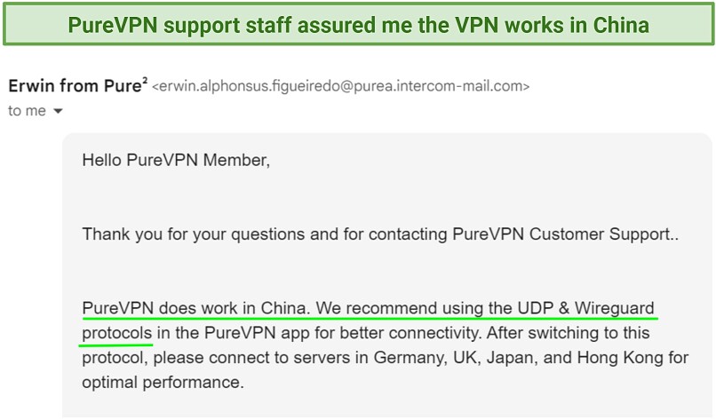 Screenshot of an email from PureVPN support telling me that the VPN still works in China