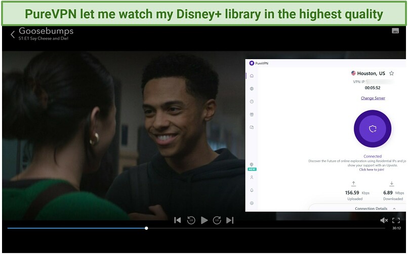 Screenshot of Disney+ player streaming Goosebumps while connected to PureVPN's Houston server