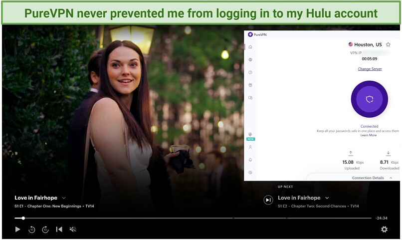 Screenshot of Hulu player streaming Love in Fairhope while connected to PureVPN's Houston server