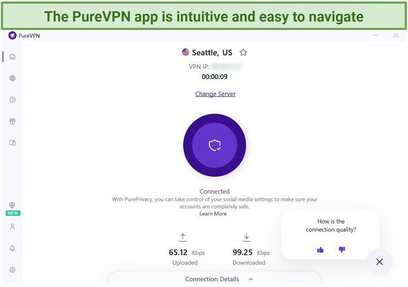 Screenshot of PureVPN's Windows app connected to the Seattle server