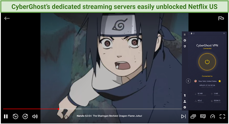 Screenshot of Naruto streaming on Netflix with CyberGhost connected to a dedicated streaming server for Netflix US