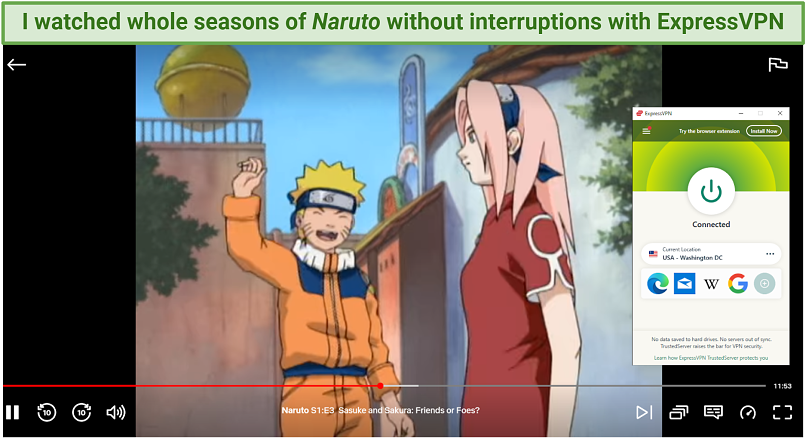 Screenshot of Naruto streaming on Netflix with ExpressVPN connected to a US server