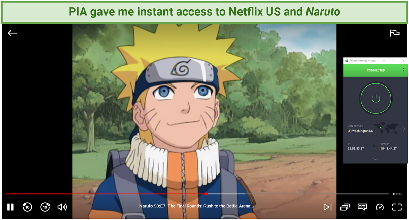 Screenshot of Naruto streaming on Netflix with Private Internet Access connected to a US server