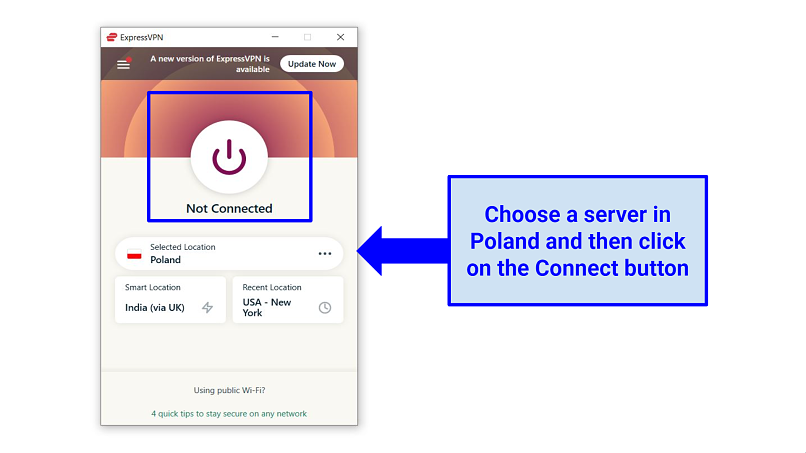 Graphic showing ExpressVPN connecting to a Polish server