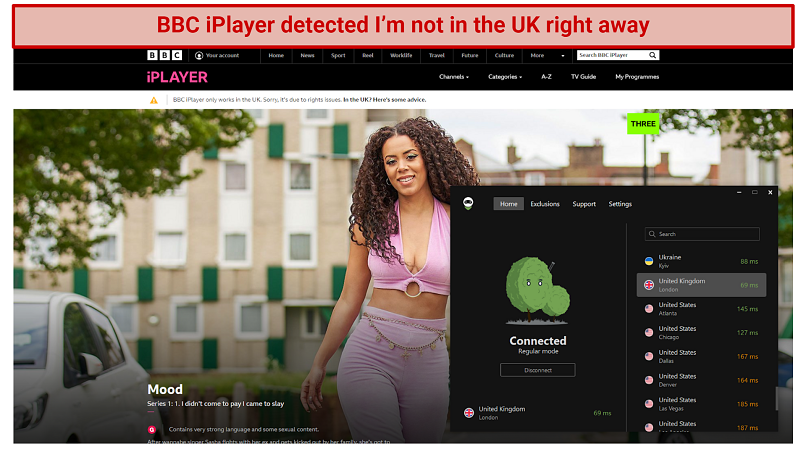 Unable to streaming anything on BBC iPlayer as it detected I am not in the UK while connected to AdGuard's UK servers