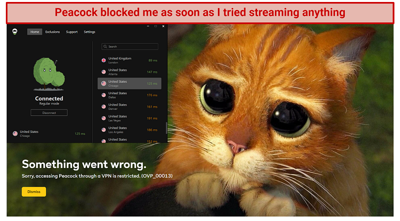 graphic showing Peacock blocking AdGuard VPN
