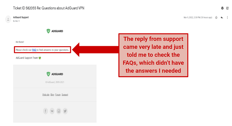 screenshot showing AdGuard's customer support response