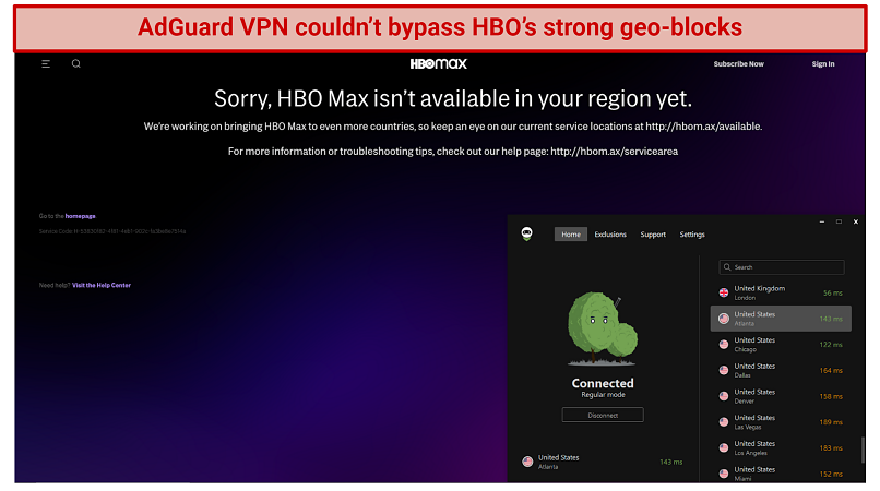 Graphic showing HBO Max blocking AdGuardVPN