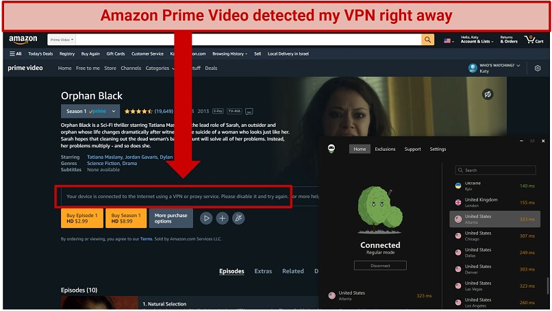 graphic showing Adguard unable to access Amazon Prime Video US