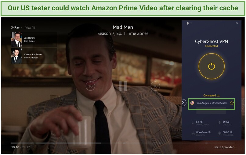 Screenshot of Amazon Prime Video player streaming Mad Men while connected to CyberGhost's Los Angeles server
