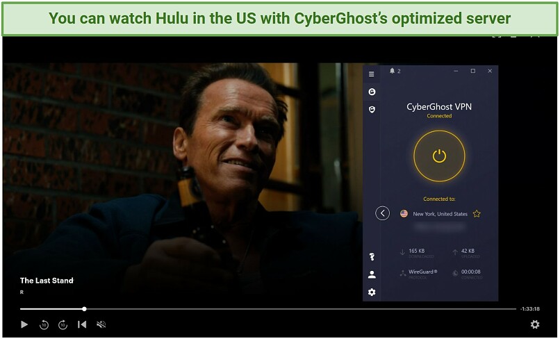 Screenshot of Hulu player streaming The Last Stand while connected to CyberGhost's New York server
