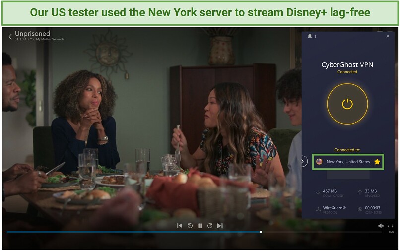 Screenshot of Disney+ player streaming Unprisoned while connected to CyberGhost's New York server