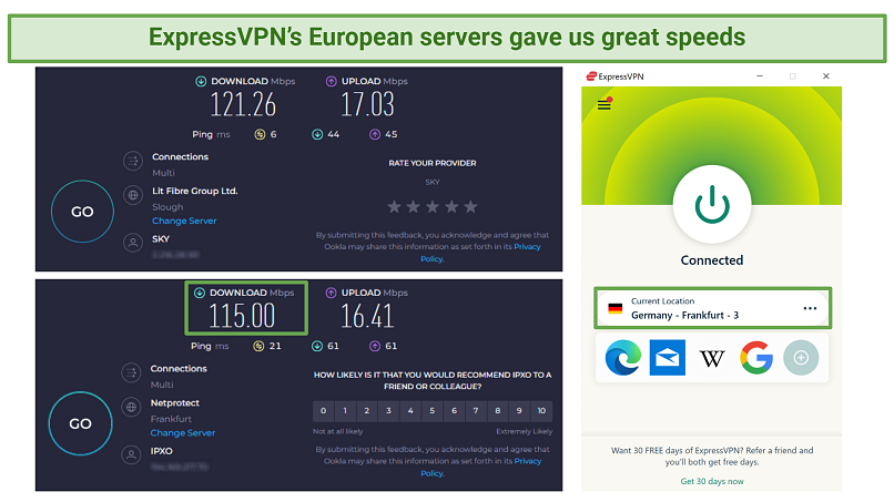 Screenshot of Ookla speed tests record with no VPN connected and while connected to ExpressVPN's Frankfurt 3 server