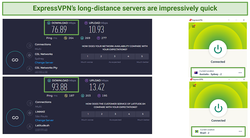 Screenshot of Ookla speed tests done with no VPN connected and while connected to ExpressVPN's Brazil 2 server