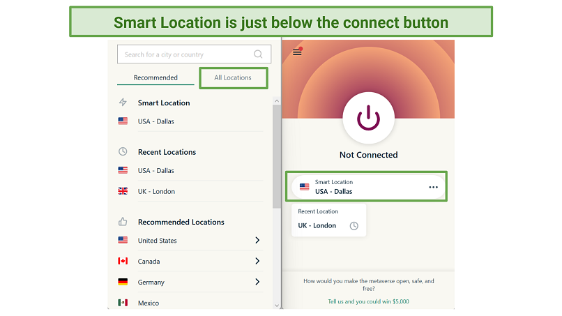 Screenshot of ExpressVPN app showing where to find Smart Location and server list
