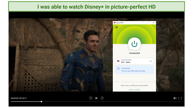 Screenshot of Disney+ player streaming Eternals while connected to ExpressVPN