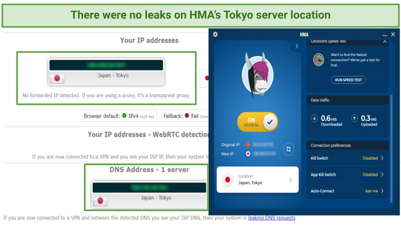 A screenshot of my IP, DNS, or WebRTC leak test results with HMA's Tokyo server location