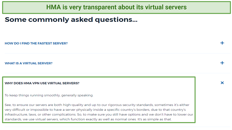 A screenshot of one of HMA’s FAQs on its virtual servers