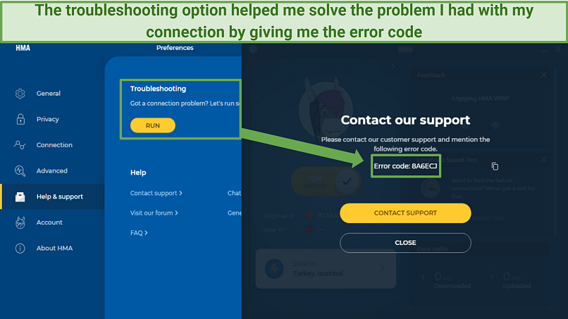 Screenshot showing how to use HMA's troubleshooting option