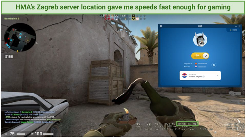 A screenshot of me playing CS: GO using HMA's Zagreb server