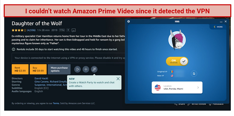 screenshot of Amazon Prime Video player being blocked while connected to HMA