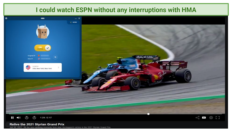 A screenshot of streaming ESPN F1 content while connected to HMA