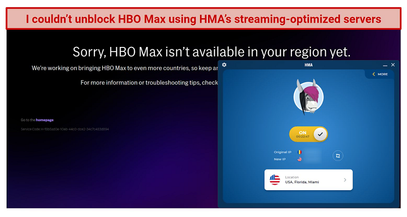 Screenshot of HBO Max player being blocked while connected to HMA