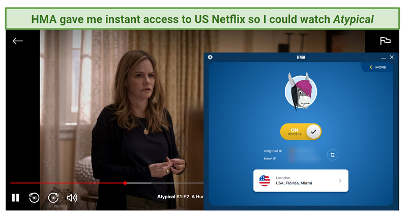 Screenshot of Netflix player streaming Atypical while connected to HMA