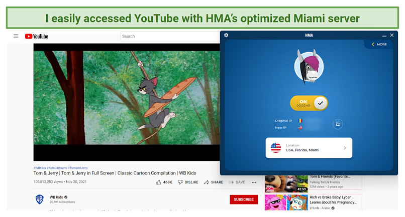 screenshot of YouTube player streaming Tom & Jerry while connected to HMA