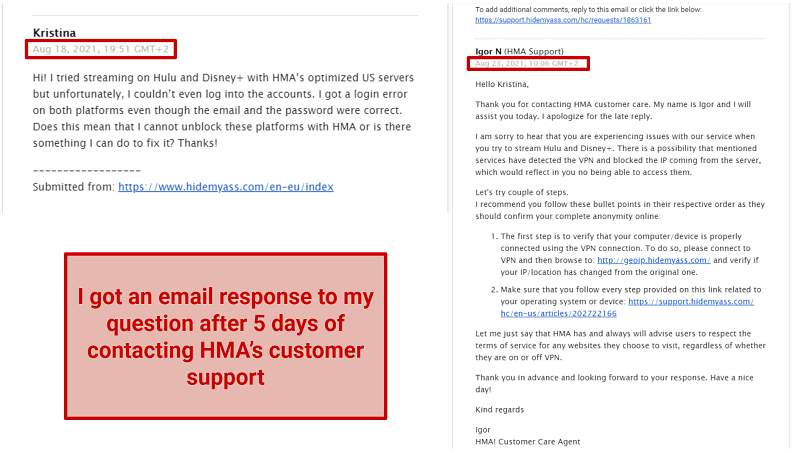 Screenshots of my email exchange with HMA’s customer support