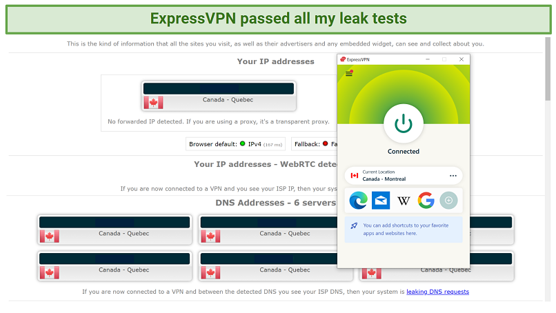 Captura de pantalla de una prueba de fuga realizada en iPlak.net mientras está conectado a ExpressVPN