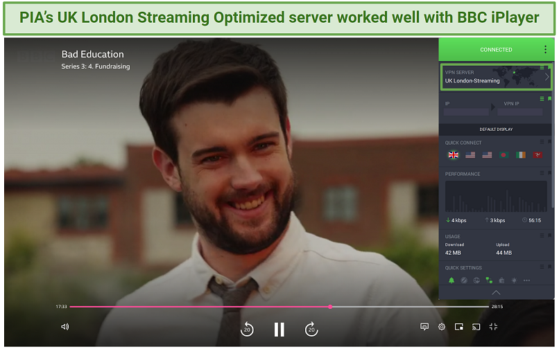 Screenshot di BBC Iplayer Streaming Bad Education mentre è collegato a PIA