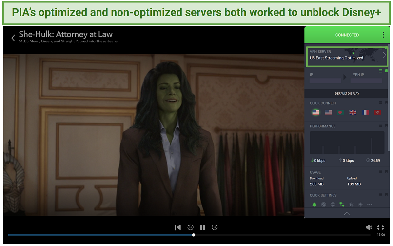 Screenshot di PIA Unblocking Diey+ su US Server