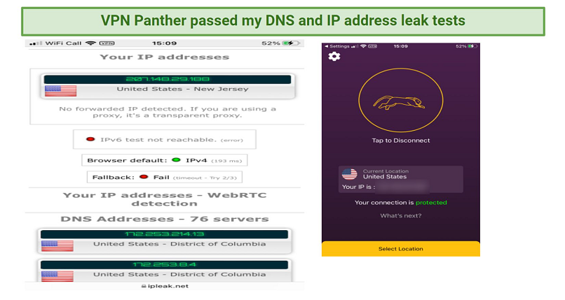 Graphic showing VPN Panther's servers passing IP and DNS leak test