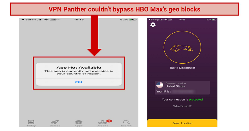 Graphic showingHBO Max blocked using VPN Panther