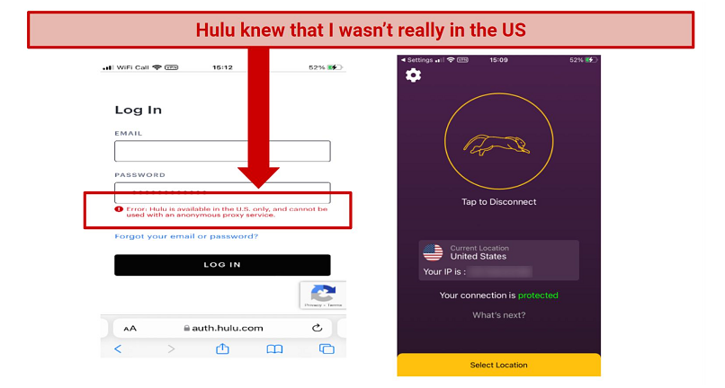 Graphic showing Hulu blocked using VPN Panther