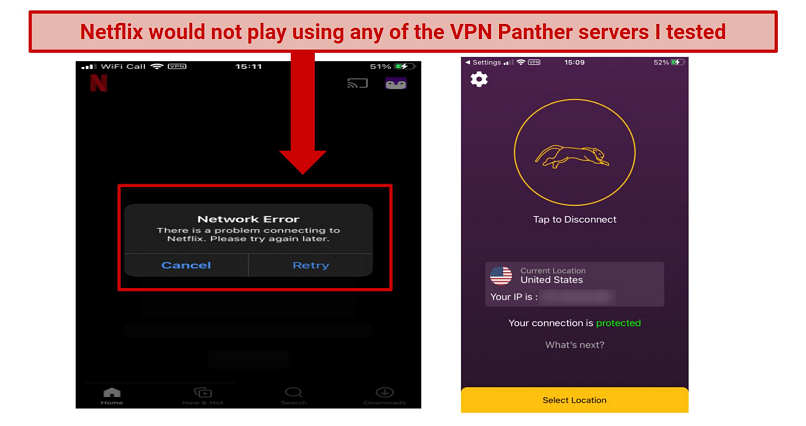 Graphic showing Netflix blocked using VPN Panther