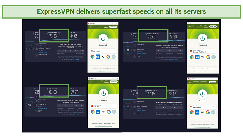 Screenshot of ExpressVPN's speed tests