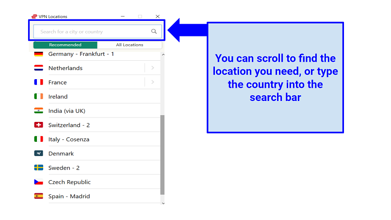 Graphic showing how to choose a server location in ExpressVPN