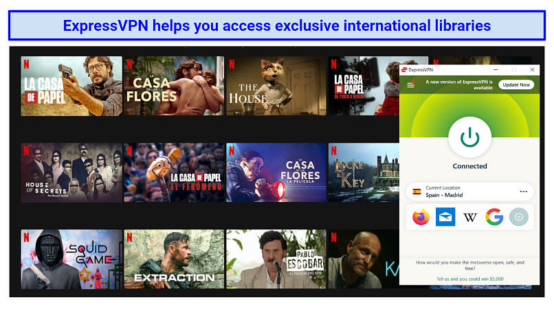 Graphic showing ExpressVPN's spain server unblocking Netflix Spanish library