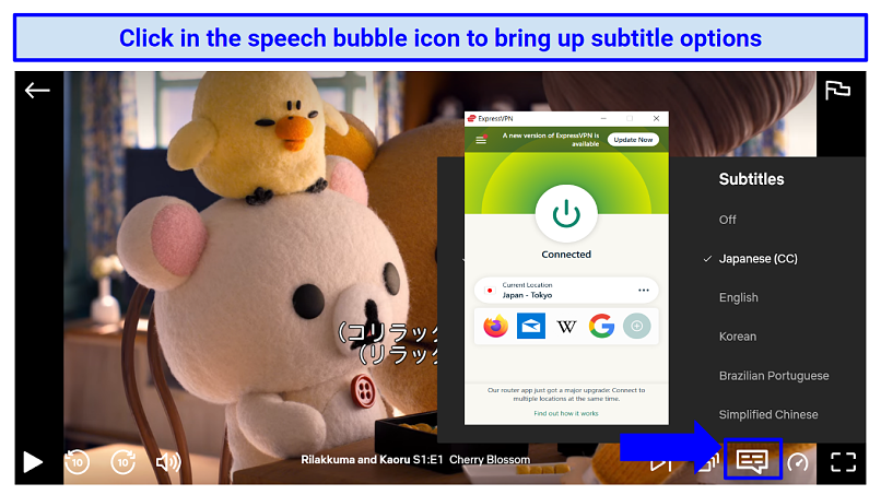 Graphic showing ExpressVPN streaming Netflix and Japanese subtitle options