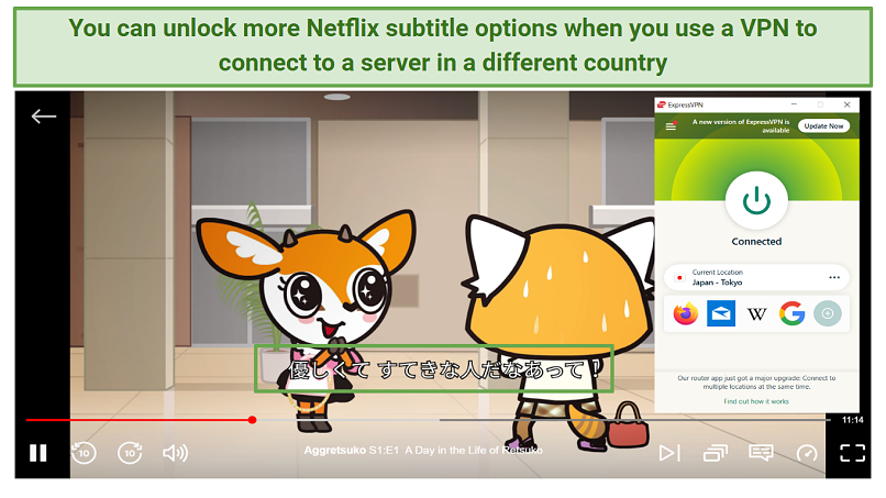 Graphic showing ExpressVPN streaming Netflix on a Japan server with Japanese subtitles