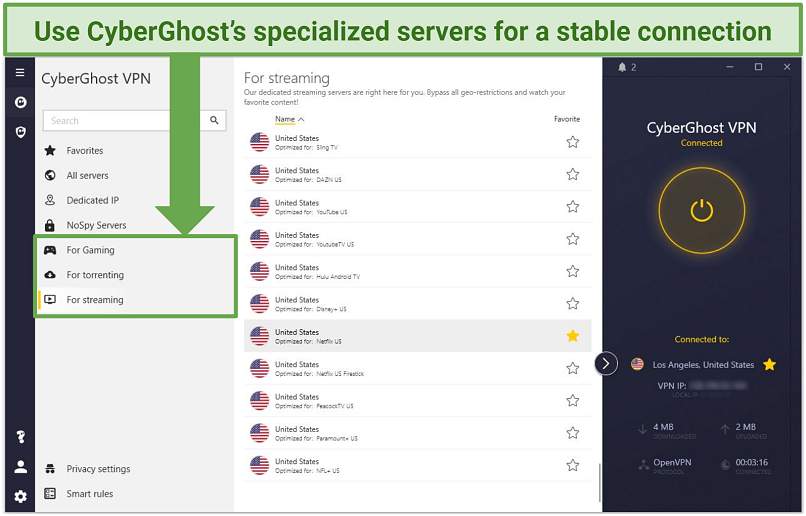 Screenshot of the CyberGhost app showing its optimized servers