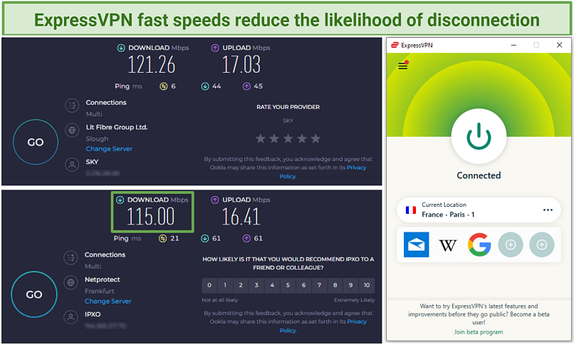 Captura de pantalla que muestra los resultados de las pruebas de velocidad sin VPN y con ExpressVPN conectado al servidor Frankfurt