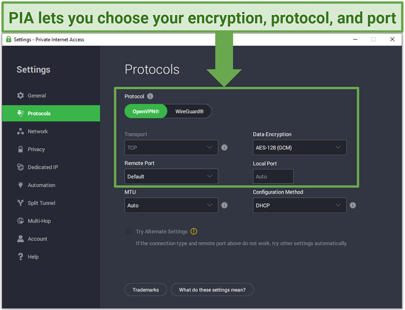 Screenshot of PIA's settings tab showing available protocols and encryption levels